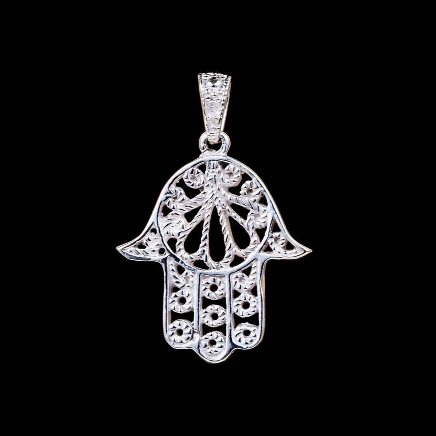 Hamsa Hand of Fatima Pendant - White Brass - Ekeko Crafts