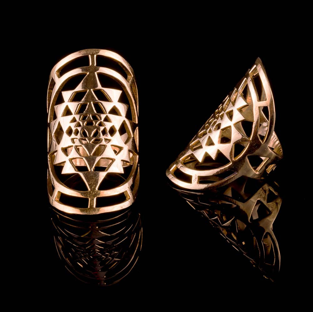 Brass Sri Yantra Sacred Geometry Ring - Heart Mala Yoga Jewellery