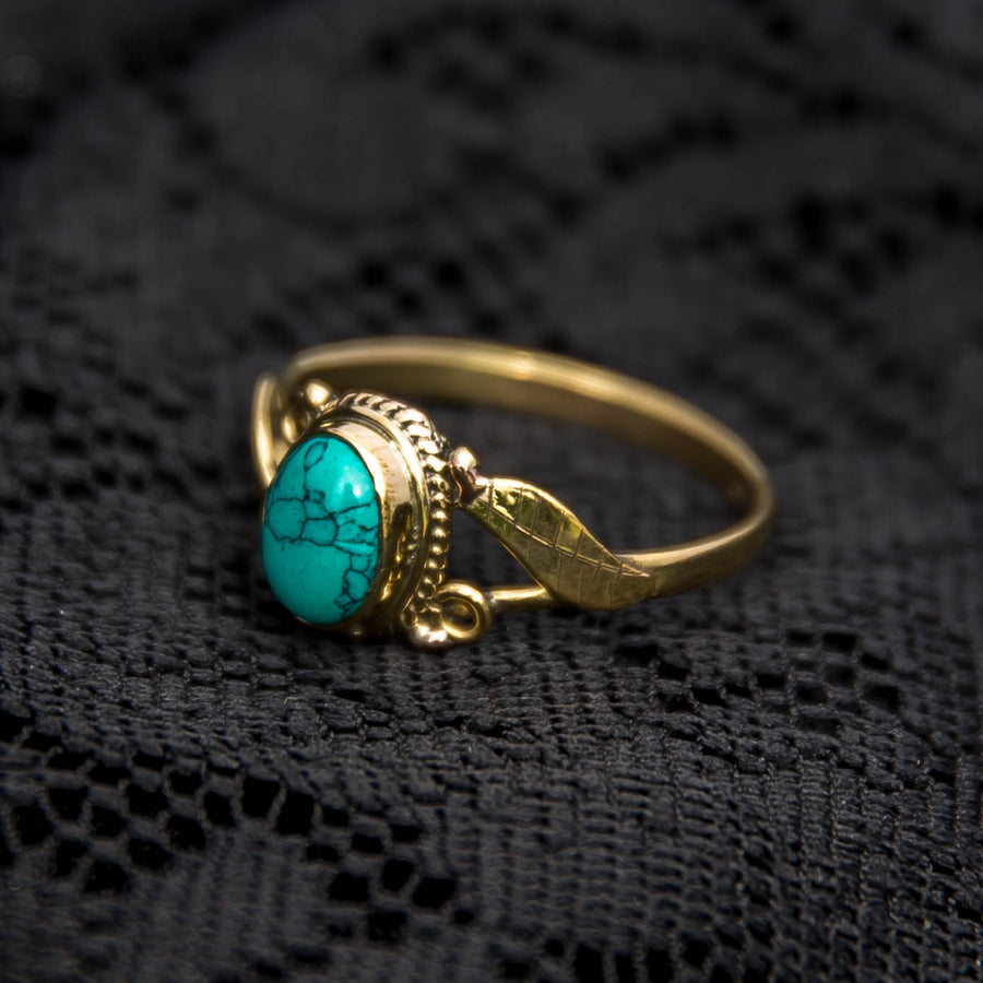 Leaf Ring - Brass - Turquoise - Ekeko Crafts