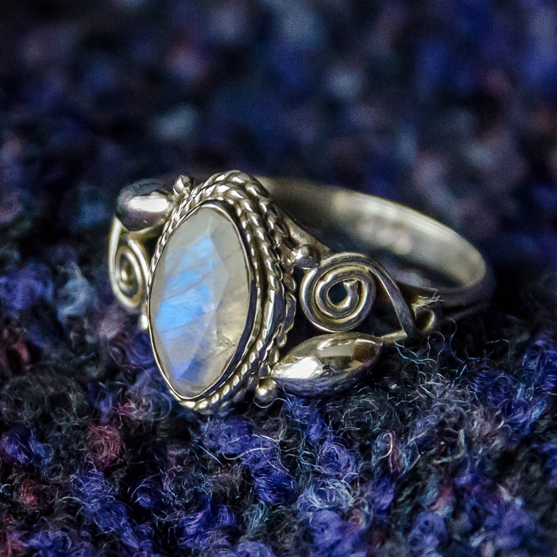 Bud Spiral Sterling Silver Ring Moonstone Tribal Gemstone