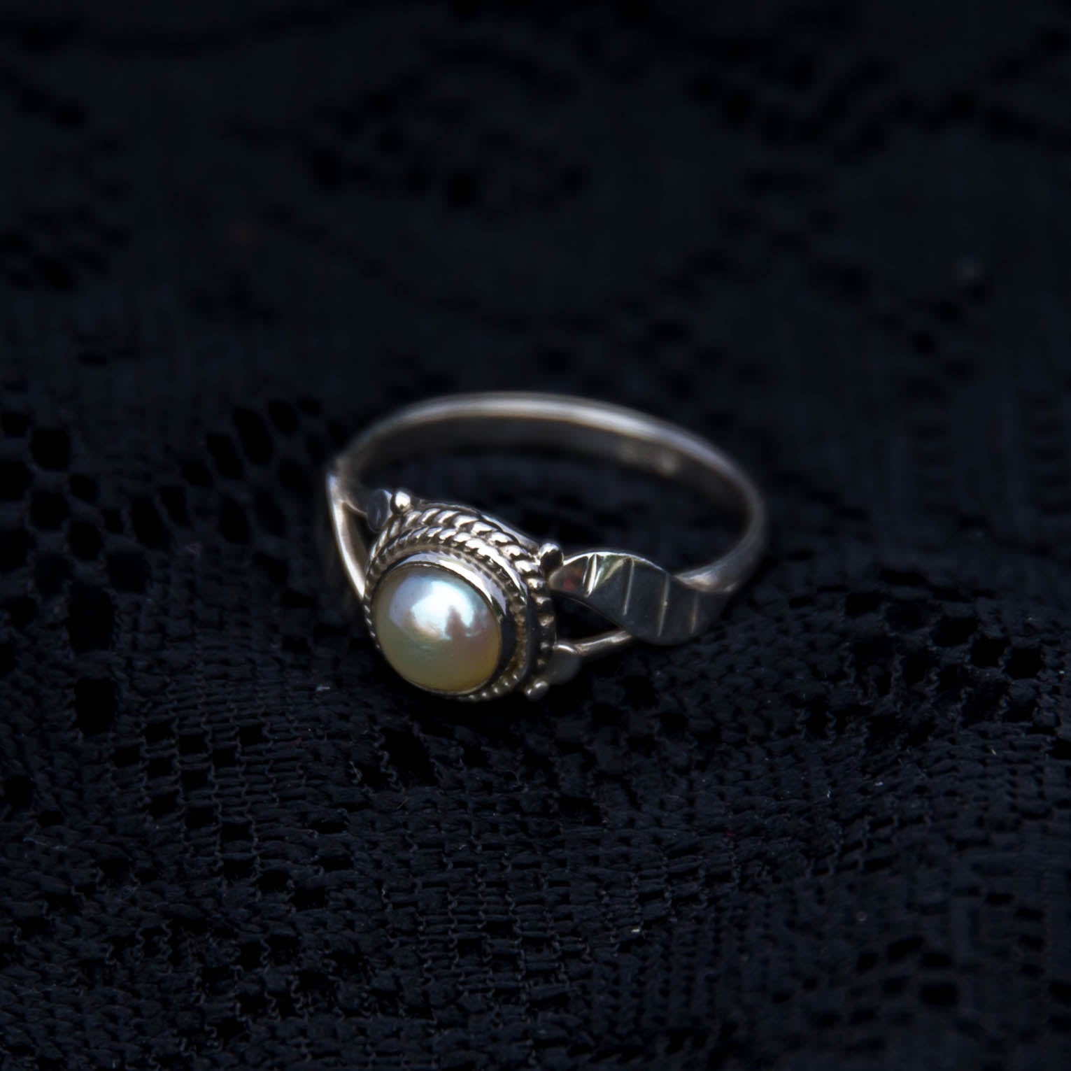 Pearl ring in silver pearl silver ring oxidised design